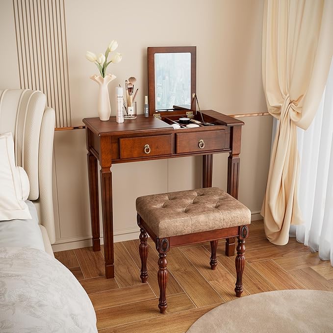 Makeup Vanity Desk Set with Flip Top Mirror 31.5 Wooden Vanity Table with Mirror Dressing Table with 2 Drawers &amp 7 Compartments Writing Desk with Padded Stool for Bedroom Cherry+Light Brown