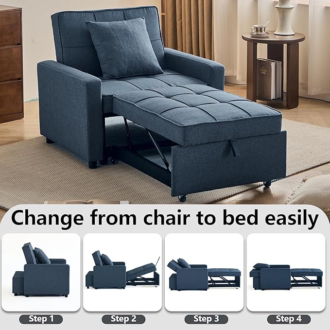 Sofa Bed Chair Convertible Sleeper Sofa with Pull-Out Bed 3-in-1 Futon Couch with Reclining Backrest and Side Pocket (Blue 35.6‘)