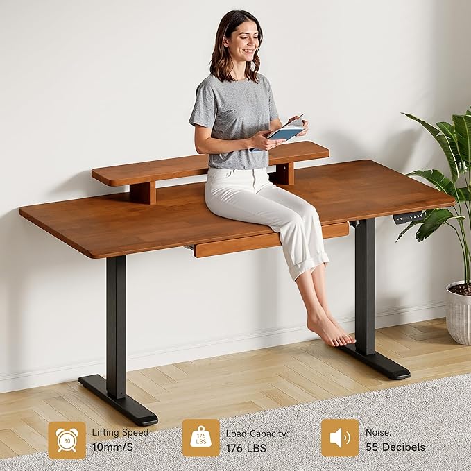 ONBRILL Standing Desk with Drawer 55x23.6 Inches Solid Wood Desktop Stand Up Desk with Whole-Piece Board and Storage Shelf Adjustable Height from 28-46 Inches for Home &amp Office Brown