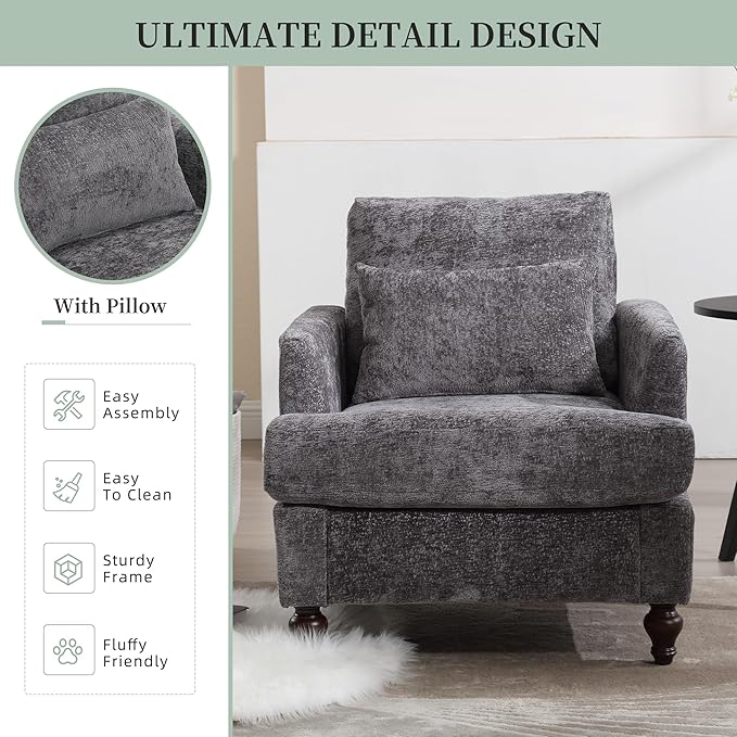 Modern Accent Chair Living Room Upholstered Chenille Armchair with Waist Pillow Single Sofa for Living Room Bedroom Office Grey