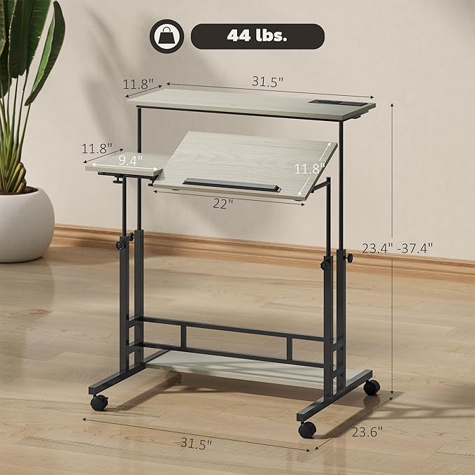 HOMCOM Height Adjustable Standing Desk with Power Outlets Stand Up Desk with Tiltable Tabletop Lockable Wheels Bottom Shelf Rolling Workstation for Home Office Oak