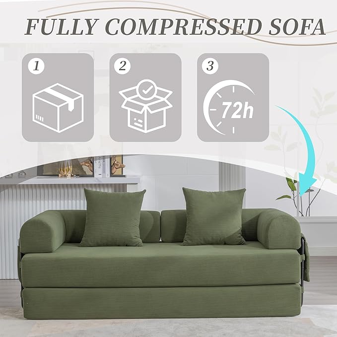 4‑in‑1 Convertible Sleeper Sofa Bed DIY Combination Floor Sofa Lounge Couch with Cylindrical Pillow Corduroy Futon Folding Mattress Couch for Apartment Bedroom Playroom Green