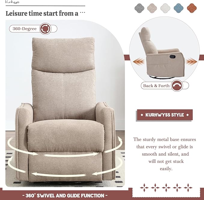 Rocking Recliner Chair with Heat and Massage 360° Swivel Glider Rocker with Reclining Backrest and Footrest Modern Nursery Rocking Chairs for Adults for Bedroom Living Room Office (Khaki)