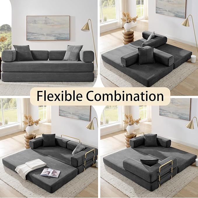 Folding Sofa Bed Convertible Sleeper Sofa Bed with Gold Fixed-Shape Frame Corduroy Floor Couch Lazy Compression Sofa for Living Room Bedroom Home Theater Grey