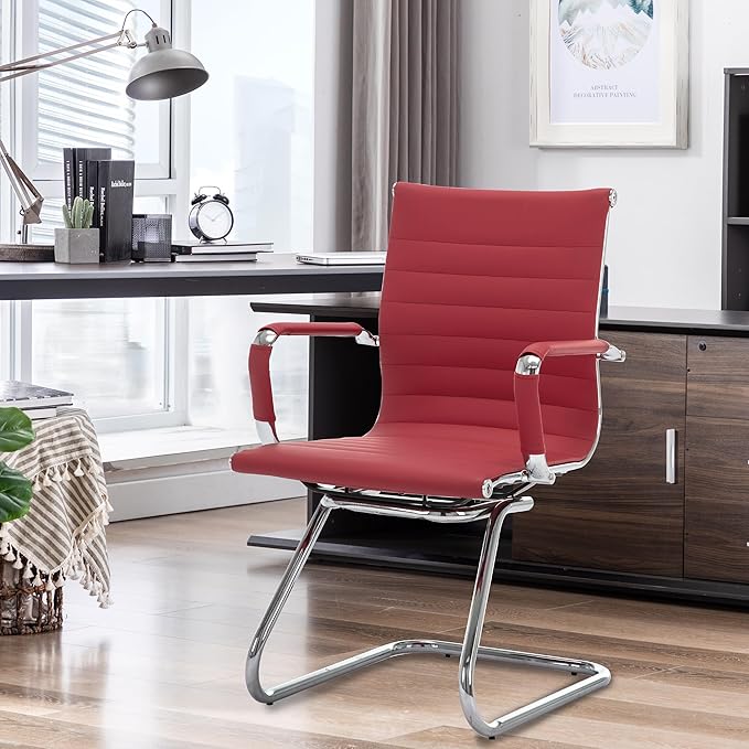 HNY Leather Office Guest Chairs &amp Reception Chairs Set of 4 Modern Waiting Room Chairs with Arms Desk Chair no Wheels with Sled Base for Waiting Room/Conference Room Burgundy