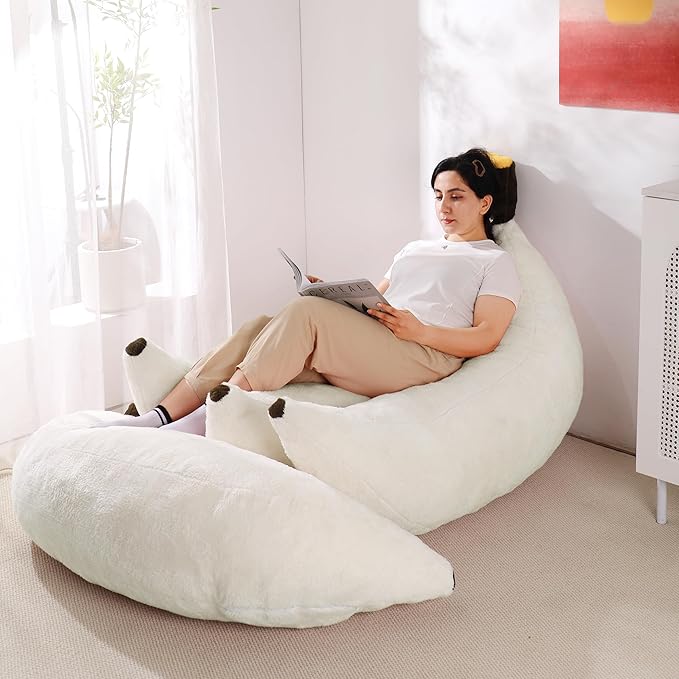 Banana Bean Bag Chair with Ottoman Floor Sofa Bed with Footrest Comfy Convertible Lounger for Adults Plush Couch for Bedroom Living Room or Dorm L-Cream