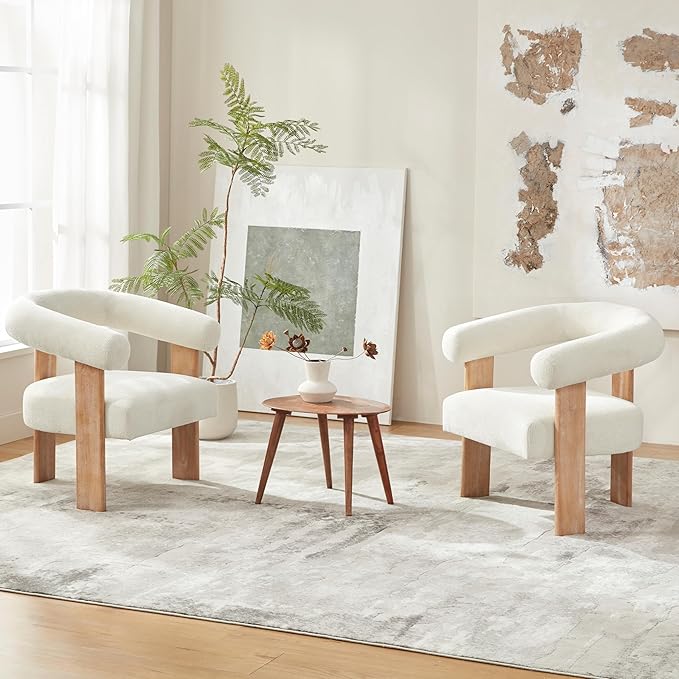 VKNOW Accent Chairs Set of 2 Modern Upholstered Living Room Chair Armchair with Solid Wood Legs Comfy Barrel Arm Chairs for Living Room Bedroom Cream