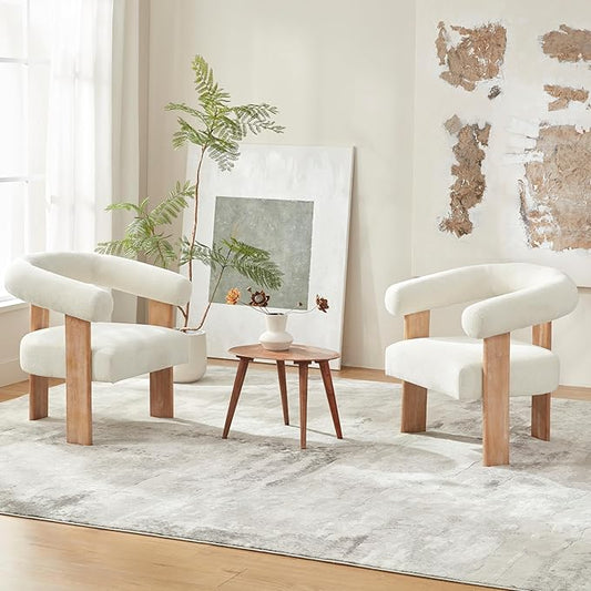 VKNOW Accent Chairs Set of 2 Modern Upholstered Living Room Chair Armchair with Solid Wood Legs Comfy Barrel Arm Chairs for Living Room Bedroom Cream