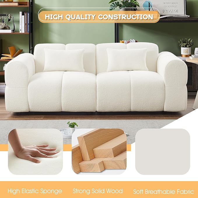 80 Modern Sofa Couch Comfy Deep Seat Teddy Cloud Sofa Upholstered 3-Seater Boucle Couch Oversized Loveseat for Living Room Bedroom Office Apartment(White)