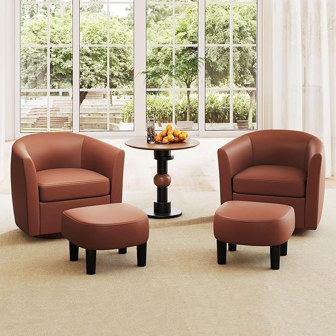 Swivel Chair with Ottoman Modern Barrel Accent Chairs with Removable Seat Cushion Comfy Single Sofa Lounge Armchair Upholstered Round Club Reading Chair for Living Room Bedroom Office