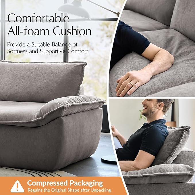 HULALA HOME 89 Compressed Foam Sofa Boneless Couch Oversized Cloud Couh with Deep Seat Modern 3 Seater Sofa with Removable Seat and Back Cushions No Assembly Required Grey