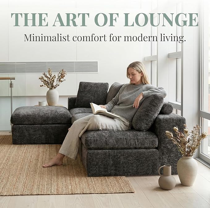 118'' 4 Seater Memory Foam Couch with Ottoman Modular Sectional Sofa for Living Room Boneless Couch Sectional with Memory Foam No Assembly Big Couch Set Dark Grey | Ergonomic Bolster