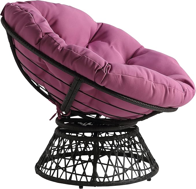 OSP Home Furnishings Wicker Papasan Chair with 360-Degree Swivel Grey Frame with Purple Cushion