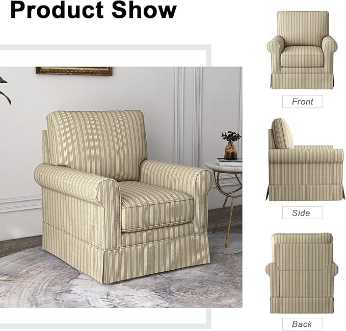INZOY Swivel Accent Chair Linen Mid Century Modern Chair Comfy Swivel Barrel Reading Chair Upholstered Square Chair for Living Room Bedroom Small Spaces Fully Assembled Brown Stripe