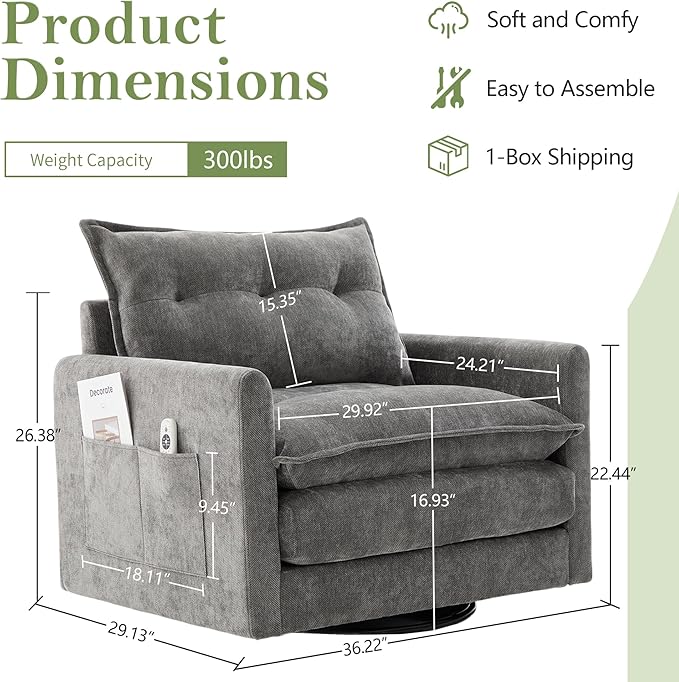 cinkehome Oversized Swivel Chair 36 Swivel Armchair Accent Chair for Living Room Mid Century Modern Thick Padded Arm Chairs Memory Foam Chenille Gray