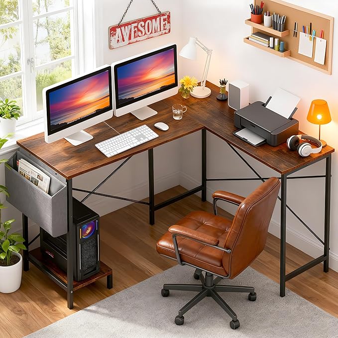 PayLessHere 50 Inch L-Shaped Computer DeskGaming Desk with Durable Metal FrameCorner Desk with Side Storage Bag &amp CPU Stand for Home Office Gaming StudyBrown