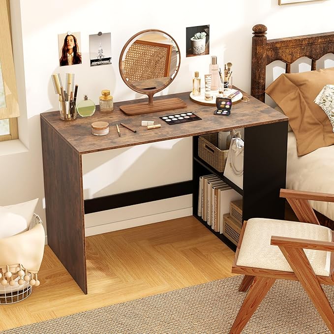 Giantex Small Desk with Bookshelf 44 Inch Modern Computer Desk for Small Spaces Laptop PC Desk Vanity Table for Bedroom Study Writing Desk for Home Office (Black+Rustic Brown)