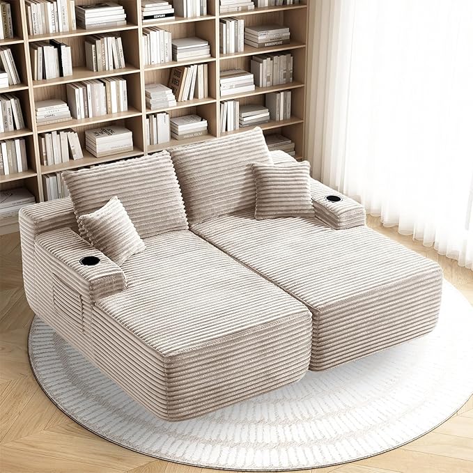 69 Oversized Boneless Sofa Bed Double Chaise Lounge Chair Indoor Plush Corduroy Sectional Couches for Living Room Comfy Cloud Couch No Assembly(Camel)