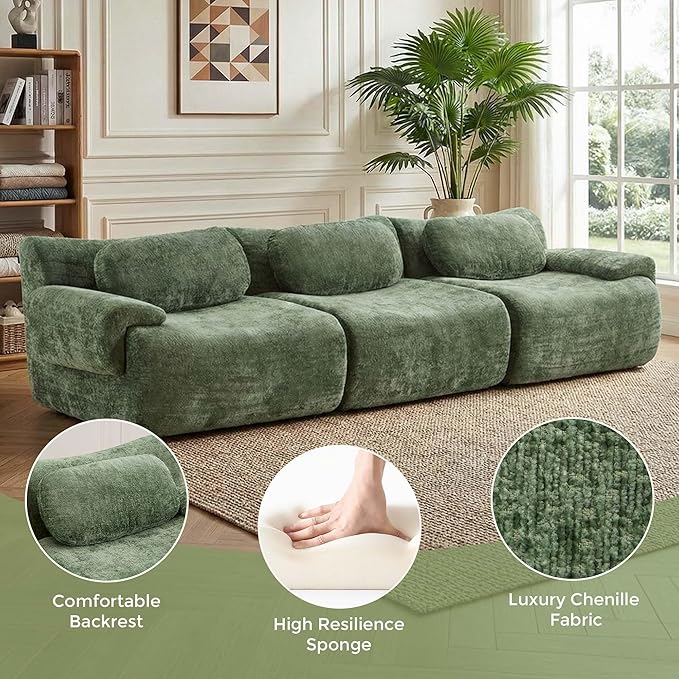 116 Modular Cloud Sofa Boneless Sectional Couches for Living Room with Memory Foam 3 Seater Modern Chenille Sofas Home Comfy No Assembly Couch for Apartment Green