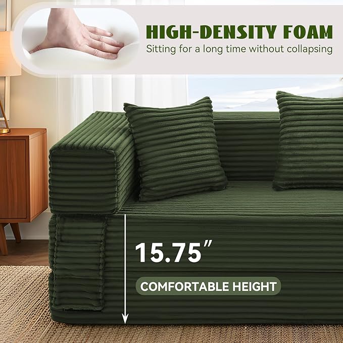 5-in-1 Folding Convertible Sofa Bed 78 Inch Corduroy Boneless Couch Loveseat Sleeper with Pull Out Bed Floor Sofa Modular Futon Couch for Living Room Small Place No AssemblyLight Green