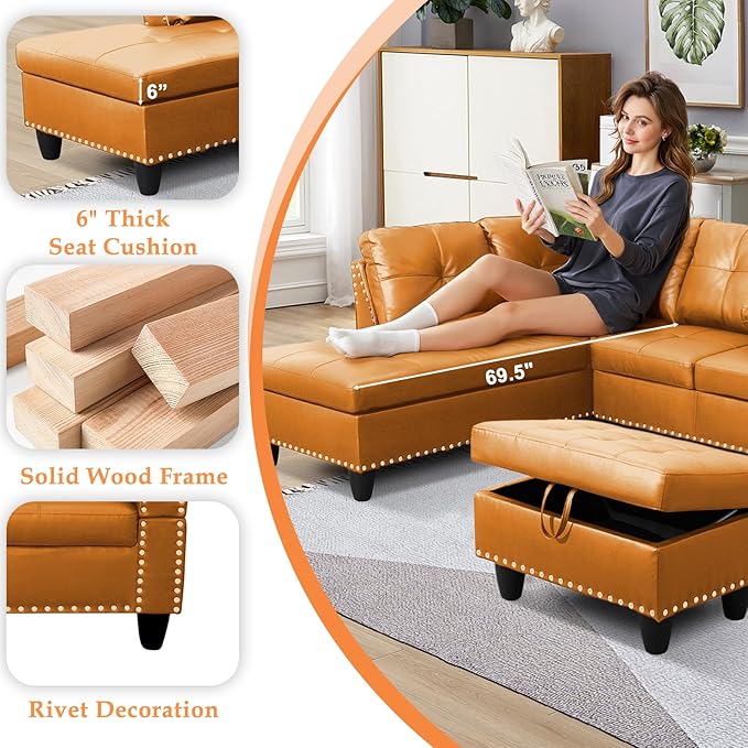 Wakefit Sectional Sofa Couch Modern 4-Seaters Living Room Furniture Sets with Chaise Lounge Ottoman &amp 2 Pillows | L Shape Couch | Cup Holder | Faux PU Leather Ginger