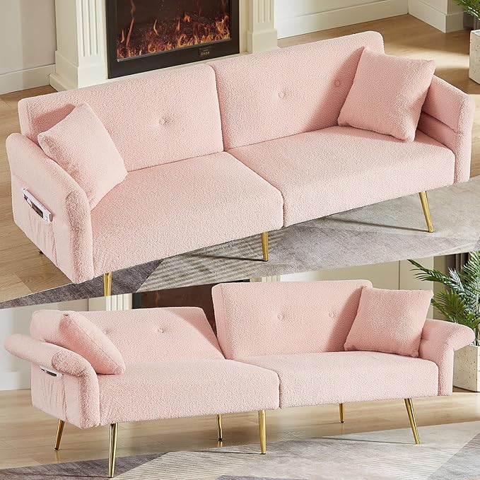 Pink Modern Teddy Velvet Convertible Folding Futon Couch Sofa Bed Adjustable Pillow Top Arm Memory Foam Couch Double Love Seat Sofa for Compact Space Dorm Apartment Bedroom Loveseat (Pink)
