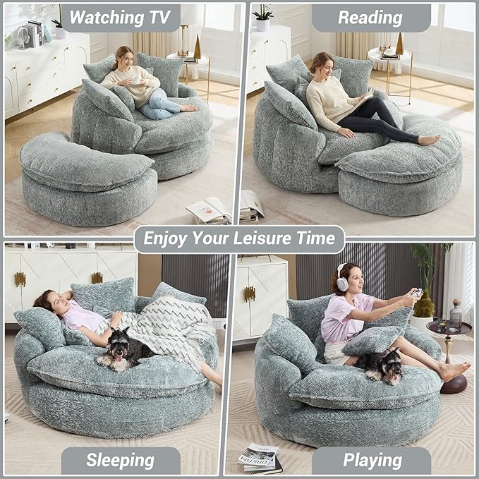 54 Round Chaise Lounge with Ottoman Big Bean Bag Round Sofa Bed Oversized Round Couch Boneless Reading Chair Comfy Plush Chenille Large Chaise Chair for Living Room Apartment Blue Gray