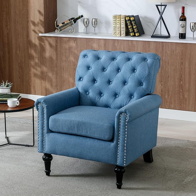 Upholstered Accent ChairsMid Century Armchair Sofa ChairsComfy Living Room ChairButton Tufted Reading Chair for Living Room BedroomStudy (2 Blue)