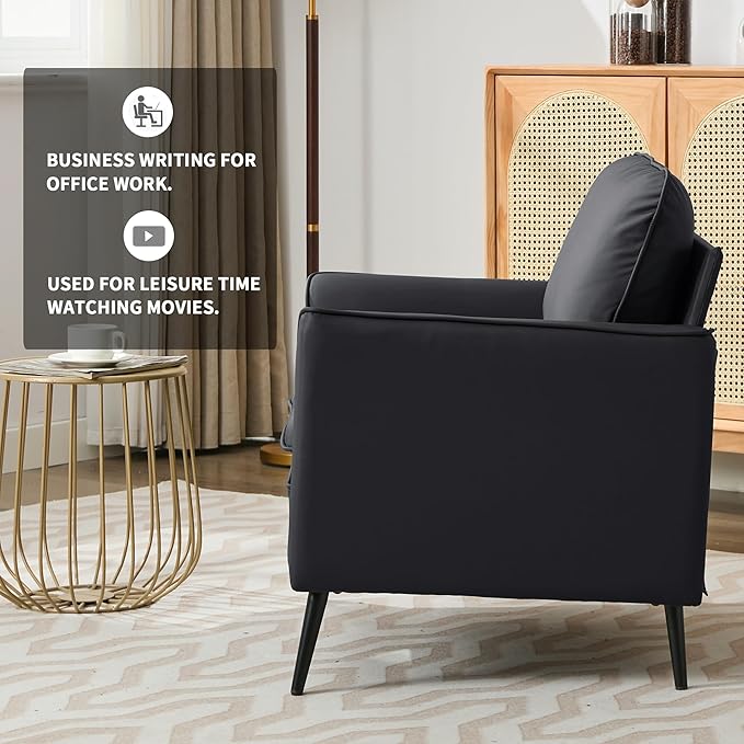 YISHENG Mid-Century Modern Living Room Accent Chairs Set of 2 - Oversized Faux Leather Armchairs with Removable Cushions &amp Metal Legs Comfortable Sofas for Office/Lounge/Bedroom/Reception（Black）