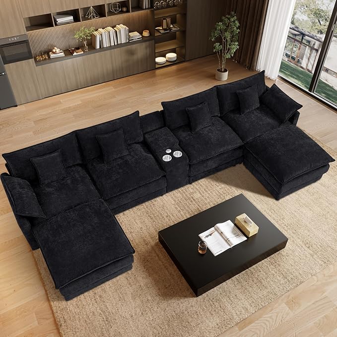 145 Oversized Modular Sectional Sofa U Shaped Cloud Couch Modern 6 Seat Sofa Set for Living Room Comfy Chenille Deep Seat with Storage Central Console Movable Ottomans Cup Holders USB Ports Black