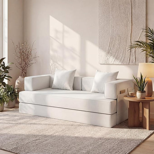 Claiks 4-in-1 Convertible Sofa Bed82 Inch Compression Sofa with Corduroy Fabric Pull Out Sleeper Sofa with 2 Pillows &amp 4 Side Pockets for Living Room Bedroom ApartmentNo Assembly RequiredBeige