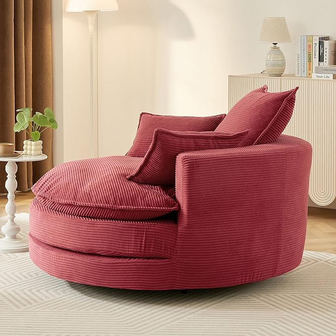 360° Swivel Sofa Chair Accent Barrel Chair 57.5 Swivel Round Chair with Dual-Layer Cushion Design and 3 Removable Pillows for Living Room Bedroom Office and Hotel (Red)
