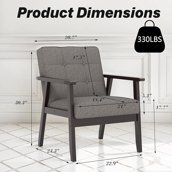 Modern Accent Chair with Arm Rest Upholstered Linen Fabric Leisure Chair Comfy Side Chair with Backrest Button and Wooden Frame for Living Room Bedroom Reading(Gray)