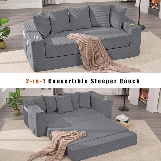 Anwick 2-in-1 Convertible Sleeper Sofa Bed Corduroy Boneless Loveseat Cloud Couch for Living Room Compressed Sofa in a Box 5 Pillows Fixed Frames Side Pockets &amp Cup Holders No Assembly (Gray