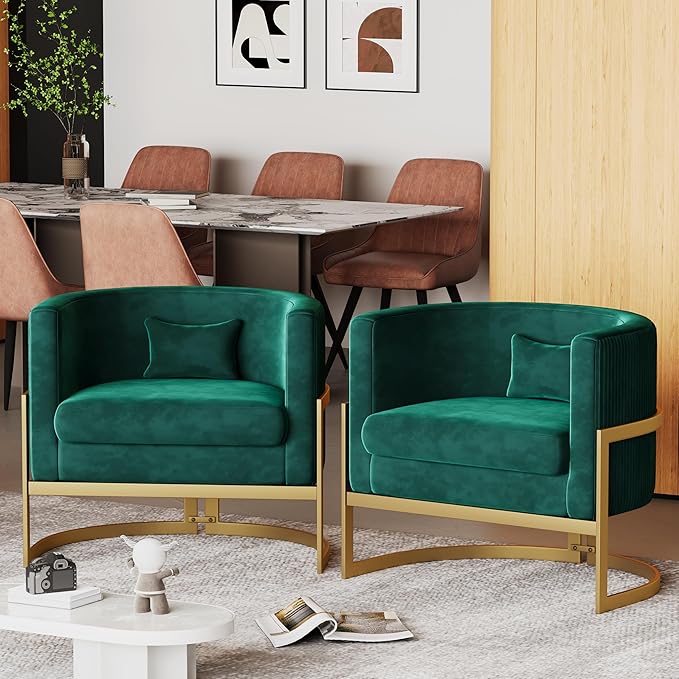 Alunaune Modern Living Room Chair Velvet Barrel Accent Chairs Armchair Upholstered Lounge Chair Mid Century Tub Bucket Club Side Chair Sofa for Bedroom-Green