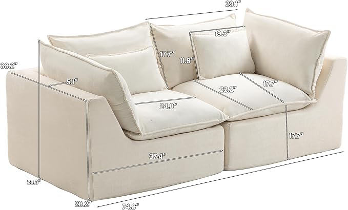 Boneless Loveseat Couch Sectional Cloud Couch Oversized Modular Sectional Sofa Modern Cloud Sofa Couches with Pillow for Living Room Bedroom