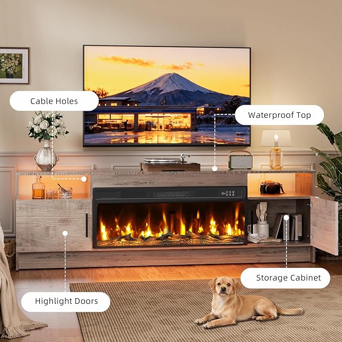 Fireplace TV Stand with 36 Fireplace Up to 80 TV 70 Entertainment Center with LED Lights Remote Control TV Media Console with Storage Cabinets for Living Room Grey