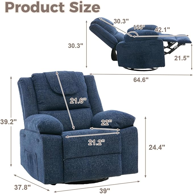Adults Oversized Rocking Nursery Glider Recliner Chair360° Swivel Rock Recliner Chairs Single Sofa with Vibration Massage and Heating for Living Room/BedroomBlue