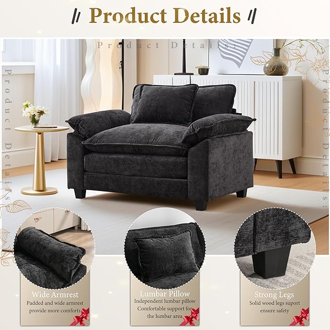 URRED Cloud Couch Accent Chair Oversized Chenille Armchair with Deep Wide Seat and Upholstered Armrests Black – Modern Lounge Chair for Bedroom or Living Room