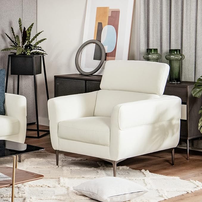 Giantex Accent Chair Upholstered Single Sofa Chair with Adjustable Headrest Stable Metal Legs Armchair for Living Room Bedroom Office Reception Room White