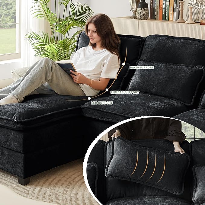 112 Modular Sectional Sofa U Shaped Comfy Cloud Couch with Double Chaise and Padded Armrests Modern Deep Seat Sectional Couches for Living Room Apartment Office Black