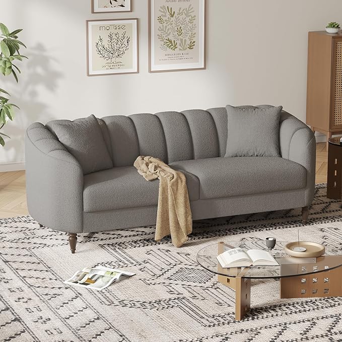 82 Inch Loveseat Sofa Modern Couch and Sofa Curved Petal Design Furniture Sturdy and Easy Installation Small Sofa for Living Room Bedroom Office and Apartment Terry Fleece Fabric Grey