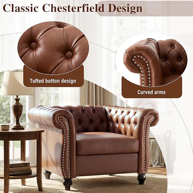 Mid-Century Modern Club Chair with Scrolled Arms Tufted Upholstered Rolled Armchair with Nailhead Trim and Solid Wood Legs for Home Bedroom Reading Room (Brown87)