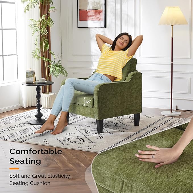 VINGLI Chair Olive Green Upholstered Chenille Accent Chair for Living Room Bedroom Mid-Century Modern Arm Chair Comfy Reading Chair with Scooped Arms
