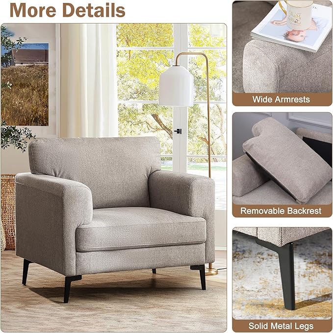 Oversized Accent Chair Upholstered Living Room Chairs Single Sofa Chair w/Metal Legs Comfy Linen Fabric Reading Lounge Armchair for Apartment Bedroom Office Light Brown 2PCS