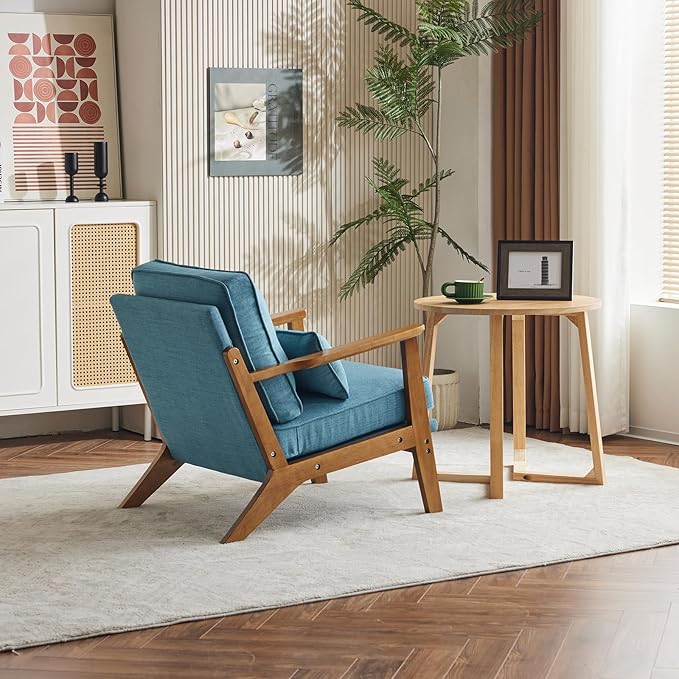 Karl home Accent Chair Wide Armrest Mid-Century Lounge Chair Linen Fabric Armchair with Lumbar Pillow &amp Solid Wood Frame for Living Room Bedroom Balcony Cyan-Blue