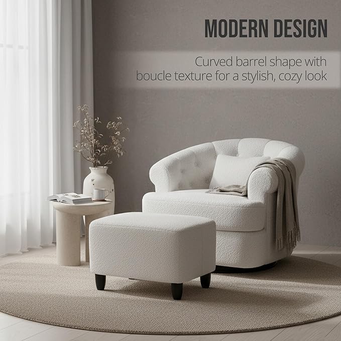 Barrel Swivel Accent Chair - Modern Comfy Boucle Armchair with Ottoman Round Upholstered Sofa Lounge Chairs Set for Living Room Bedroom Reading Corner Small Spaces (Beige)