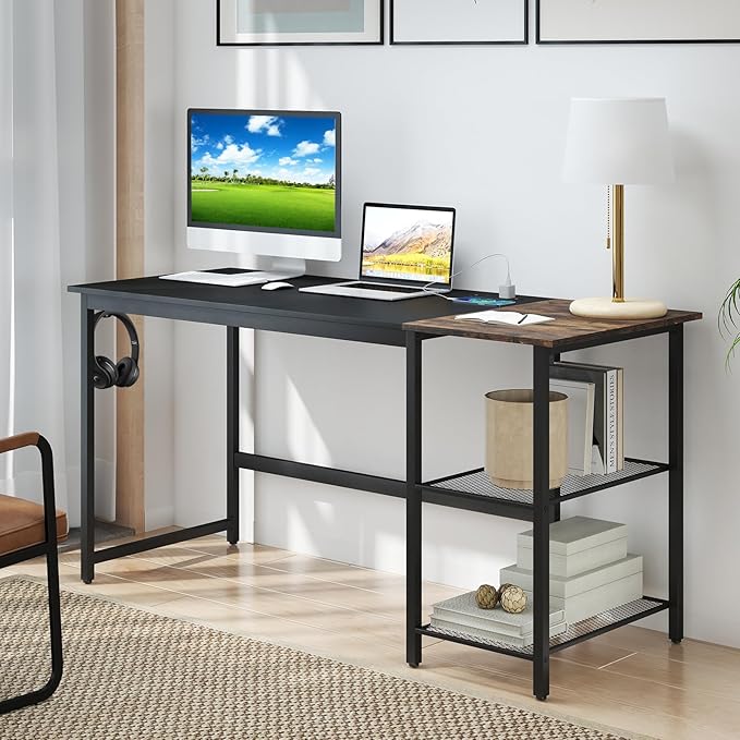 GOFLAME 59” Computer Desk Modern Simple Study Writing Desk with Built-in Power Outlet Removable Shelf &amp Side Headphone Hook Home Office Laptop PC Desk Gaming Table Workstation (Black)