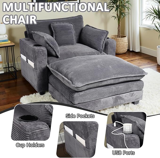 Oversized Chair with OttomanOversize Chaise LoungeReading Boneless Sofa BedChaise Lounge Chair Indoor with Side PocketSleeper Couch with USB&ampCup HolderCorduroy Sofa Couch for Living Room (Gre