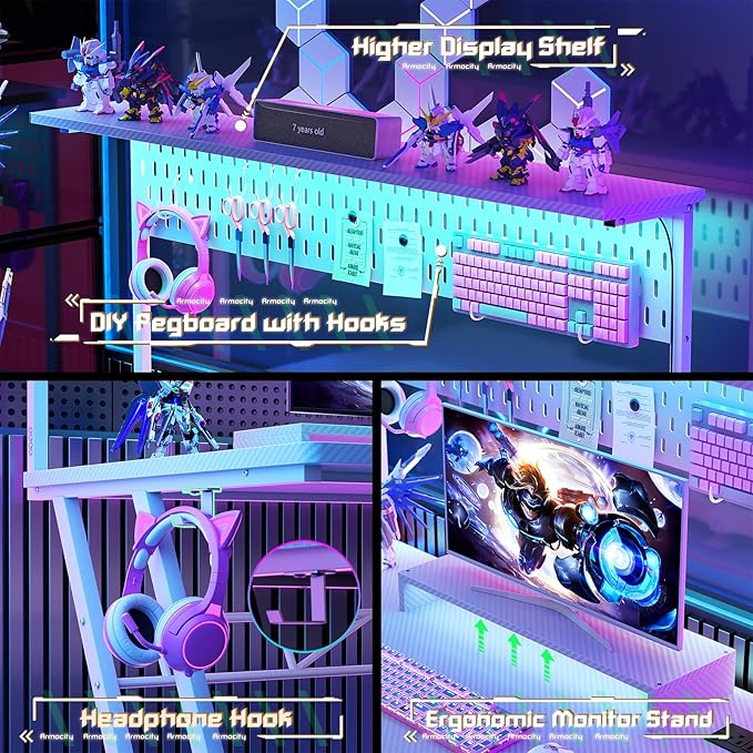 Armocity 53'' White Gaming Desk with Hutch and LED Lights Gaming Computer Desk with Storage Shelves &amp Z-Shaped Legs Reversible PC Game Desk with Pegboard for Bedroom Carbon Fiber Surface
